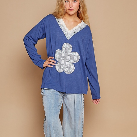 Pol Clothing Tops - Pol Clothing Blue Lace Flower Patch Relaxed Fit Long Sleeve V Neck Top Size S-L